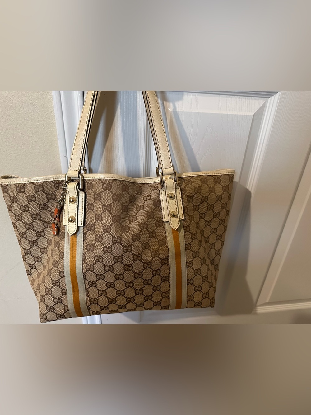 Gucci GG Canvas Web Stripe Tote Bag Cream Leather Orange Charm Vintage